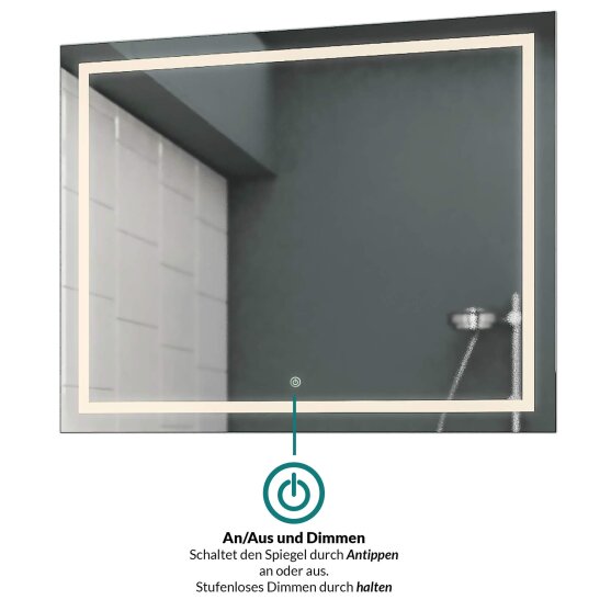 Badezimmerspiegel inkl. Touch Schalter/Dimmer 60 cm Breit x 80 cm Hoch Allegro LED Badspiegel  Licht umlaufend von  Concept2u®